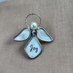 Joy Angel Lapel Pin Silver Tone and White Mother of Pearl